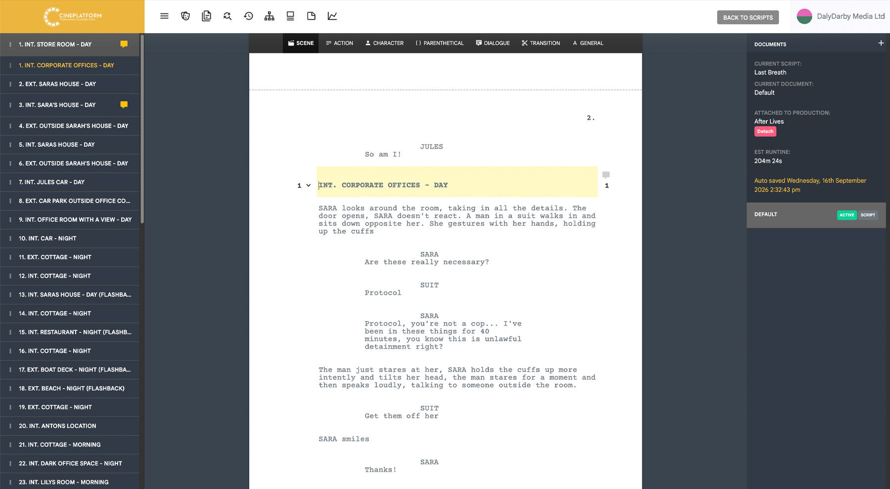 CinePlatform Script Writing Interface