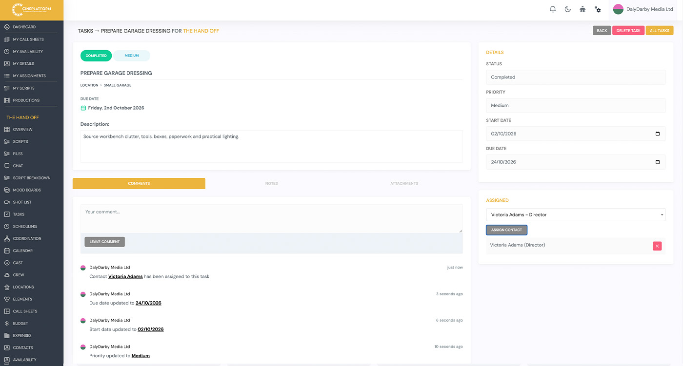 Film crew task delegation and management interface